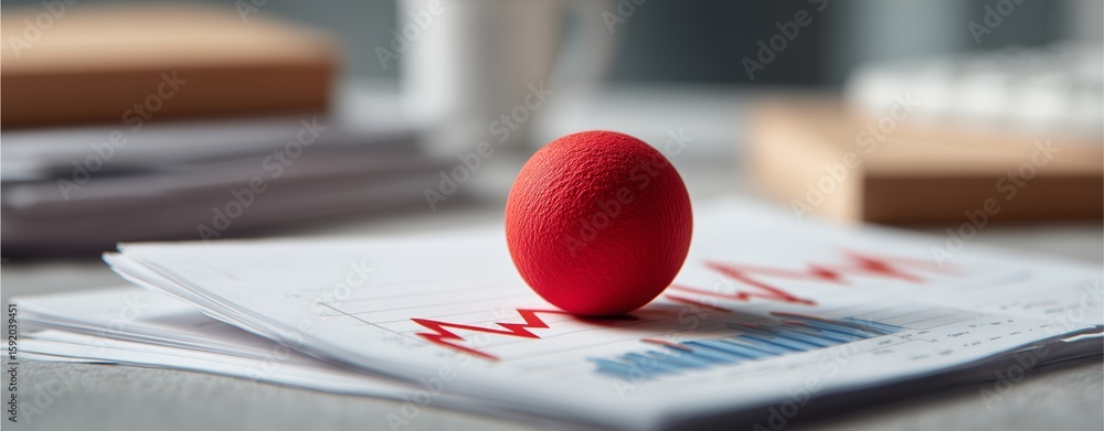 Poster market egg: a close-up shot of a singular vibrant red egg rests atop a financial document with graph