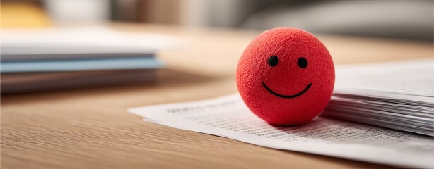 Red Smiley Face on Documents: A cheerful red smiley face rests atop a stack of papers on a wooden desk, symbolizing positivity and good vibes in the workplace.