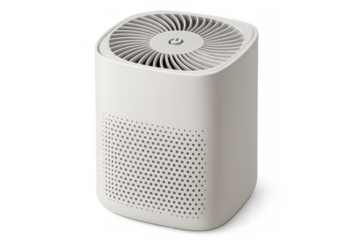 Air purification device filtering indoor atmosphere, sleek digital design with transparent backdrop suitable for graphic rendering