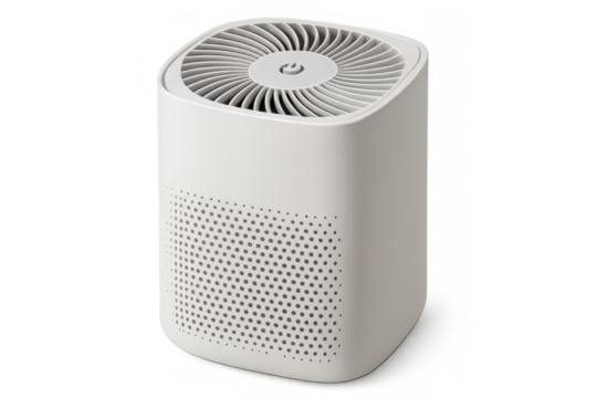 Air purification device filtering indoor atmosphere, sleek digital design with transparent backdrop suitable for graphic rendering