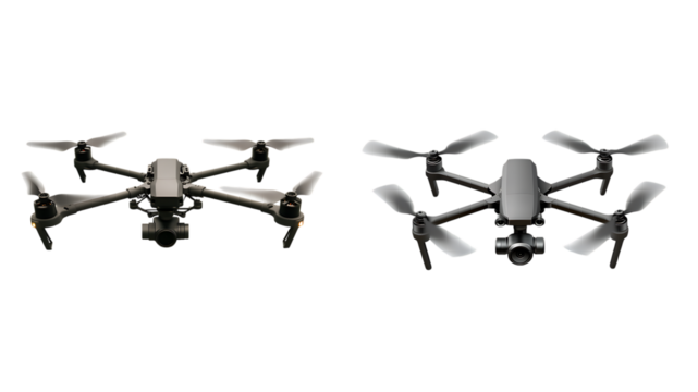 Two Quadcopters with Four Rotors Each. White or transparent background.









