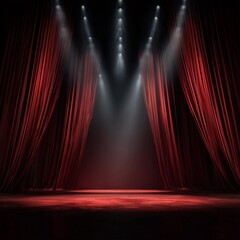 Red Stage Curtains with Spotlights: Dramatic red velvet curtains frame an empty stage bathed in the ethereal glow of multiple spotlights, creating a captivating atmosphere of anticipation and mystery.