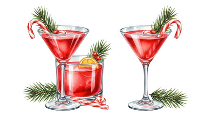 Festive watercolor illustration showcases Christmas cocktails decorated with candy canes and pine sprigs against a transparent background, perfect for holiday themed designs.