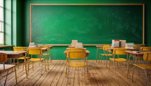 a vintage classroom features rows of wooden desks and chairs facing a large green chalkboard with stacks of books placed on some of the desks.