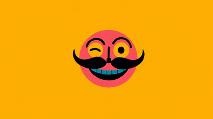 Cartoon face winks with mustache on yellow backdrop. Playful graphic ideal for social media, marketing, quirky designs.