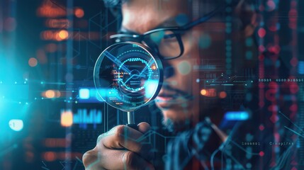 Man with glasses holding magnifying glass with digital interface overlay in a futuristic setting