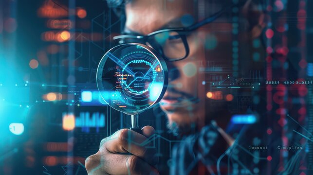 Man with glasses holding magnifying glass with digital interface overlay in a futuristic setting