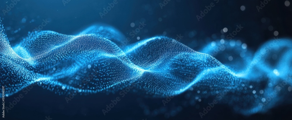 Poster a captivating abstract representation of blue waves featuring glowing particles and dynamic light ef