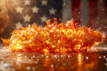 Explosive fireball with sparks and light effects against an American flag background