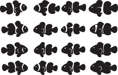 Black clownfish silhouettes collection marine ocean