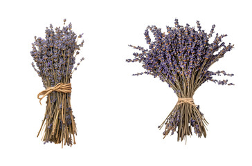 Two Dried Lavender Bouquets Tied with Twine. White or transparent background.