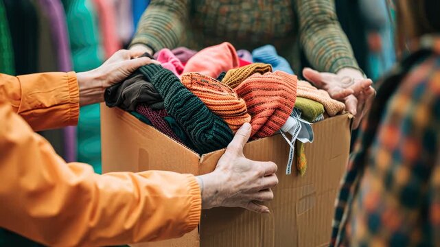 Woman donates clothes to charity, hands over box to grateful volunteer. International Day of Charity, September 5