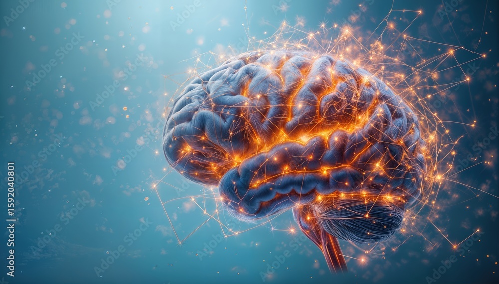 Aufkleber a digitally enhanced human brain illuminated with glowing neural connections against a soft blue bac