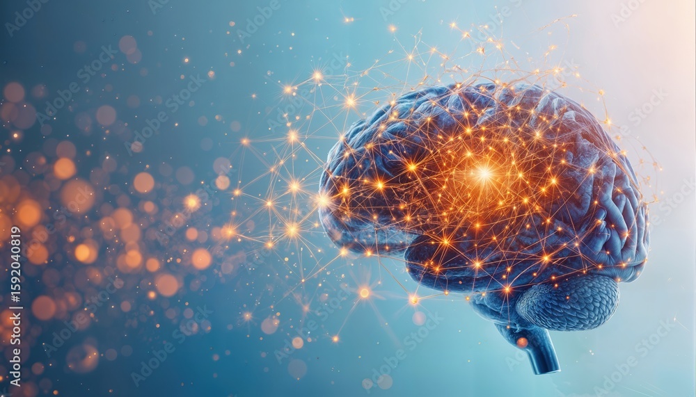 Aufkleber a vibrant digital rendering depicts a human brain illuminated with glowing neural connections agains