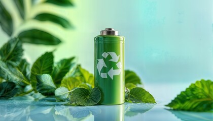 a vibrant green battery with a recycling symbol stands amidst lush foliage, representing sustainable energy solutions.