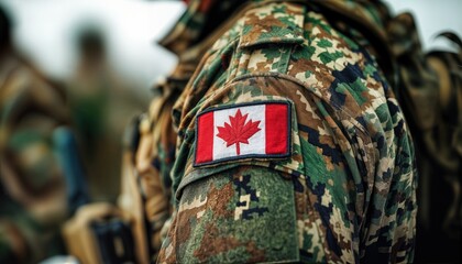 a close-up view of a canadian forces uniform shoulder displaying the national flag patch amidst a blurred background of other soldiers.