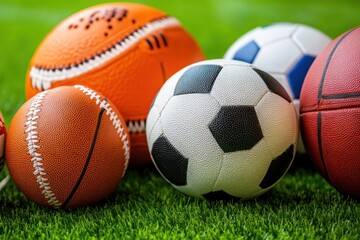 A colorful arrangement of various sports balls including soccer, basketball, and baseball on a lush green grass surface, perfect for promoting athletic activities.