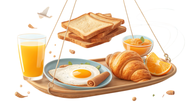 Breakfast tray with toast juice egg croissant orange and jam hanging from strings in the air created with generated ai