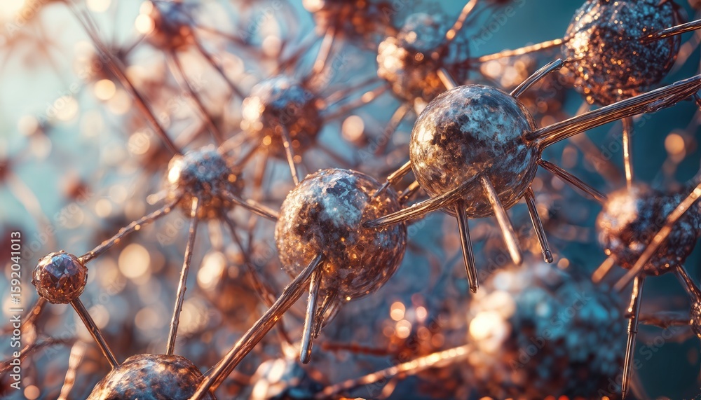 Poster a highly detailed, macro view of a complex metallic structure resembling a virus or molecular networ