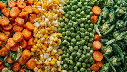a close-up view of a colorful mixture of frozen vegetables including carrots, corn, peas, and green beans.