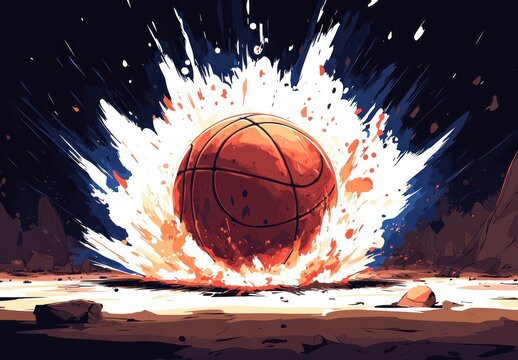 Basketball exploding in fiery burst