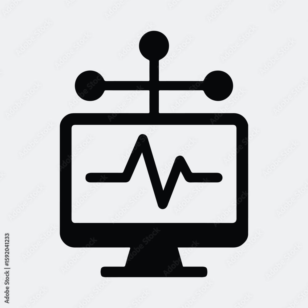 Poster silhouette computer monitor heartbeat and server network signal vector illustration
