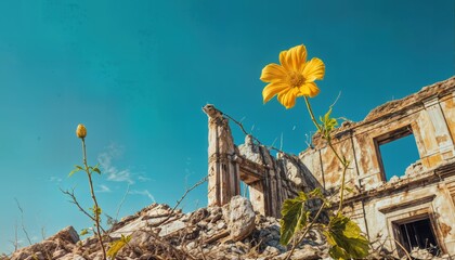 a vibrant yellow dahlia blooms amidst the crumbling ruins of an old stone building under a clear blue sky.