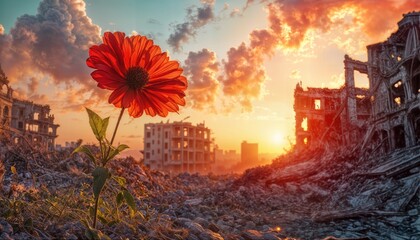 a vibrant red flower blooms defiantly amidst the desolate ruins of a city under a fiery sunset sky.