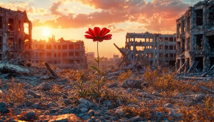 a single red flower defiantly blooms amidst the rubble of a war-torn city under a dramatic sunset sky.
