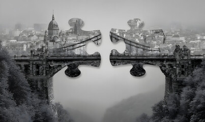 A bridge made of puzzle pieces with a city in the background. The bridge is a symbol of connection and unity, as it is made up of different pieces that fit together to form a whole