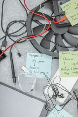 Modern OSINT setup with smartphone, tablet, probes, cables, sticky notes with investigative hints
