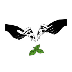 Two hands pulling apart pizza slices with basil on white background with copy space