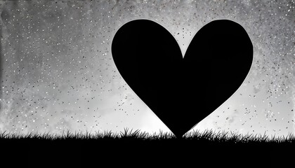 a stark black heart stands silhouetted against a textured gray sky with falling particles and a ground of grass.