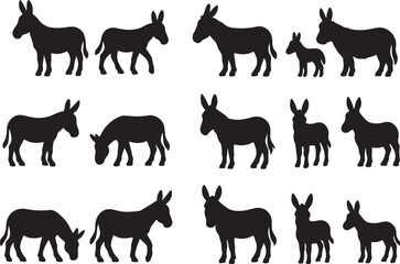 Black donkey silhouettes standing walking grazing white animal