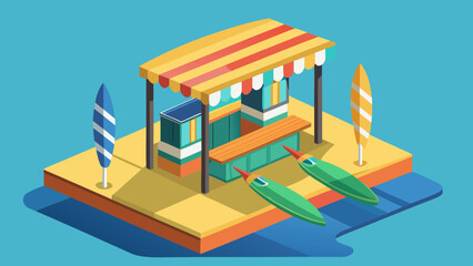 Isometric rental stand with surfboards and kayaks