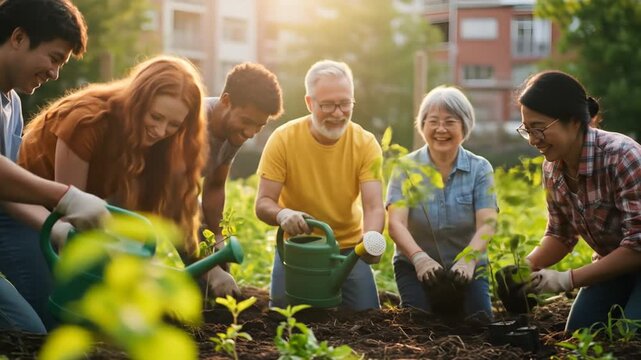 Diverse group planting in community garden