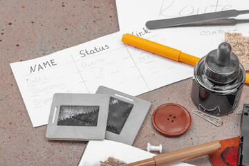 OSINT-themed creative workspace with vintage tools, handwritten notes, and press elements