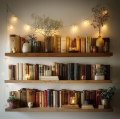 decorated book shelf in the living room