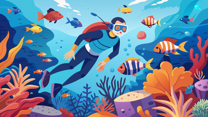 Snorkeler exploring coral reefs with tropical fish