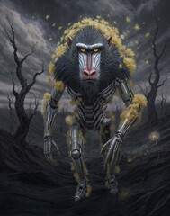 A cybernetic baboon with metallic limbs and glowing eyes stalks a surreal wasteland, surrounded by floating yellow spores and twisted trees – AI Generated Digital Art