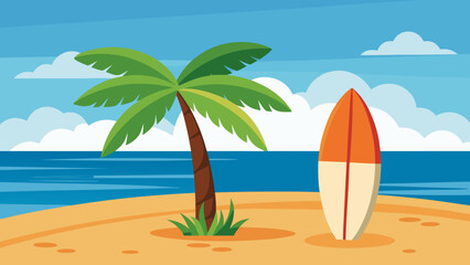 Surfboard leaning against palm tree on beach