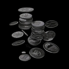 White Outlined Coins on Dark Background, Generative AI Illustration