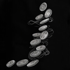 White Outlined Coins on Dark Background, Generative AI Illustration