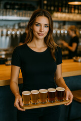 Beautiful Woman Presenting Craft Beer Tasting Flight in Modern Bar