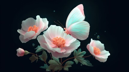 Delicate Pink Flowers and a Teal Butterfly