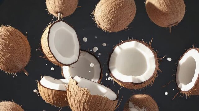 Flying Coconuts in Mid-Air Explosion with Splash on Black Background
