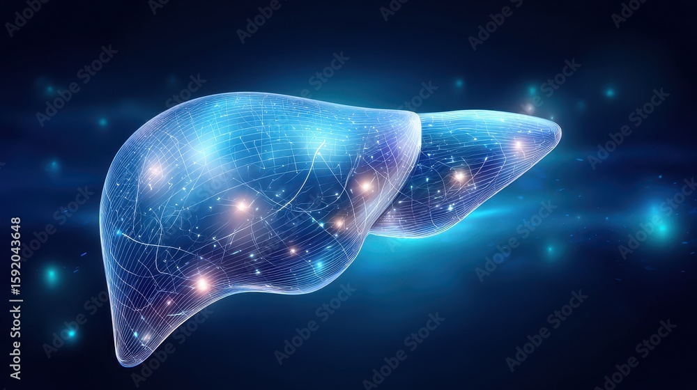 Poster a digital representation of a liver, illuminated with intricate lines and glowing effects against a 