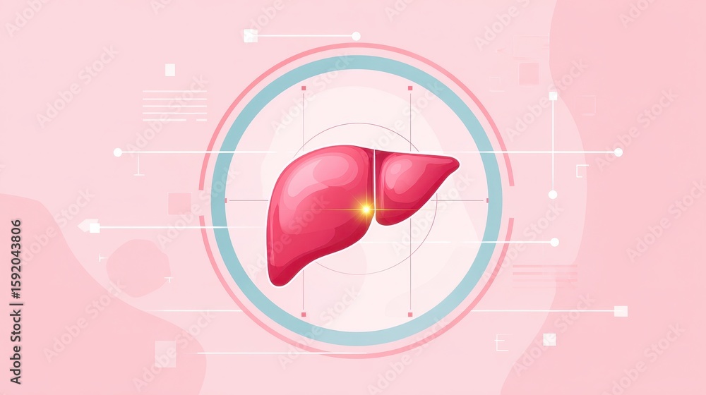Poster digital illustration of a liver in a stylized circular design, set against a soft pink background wi