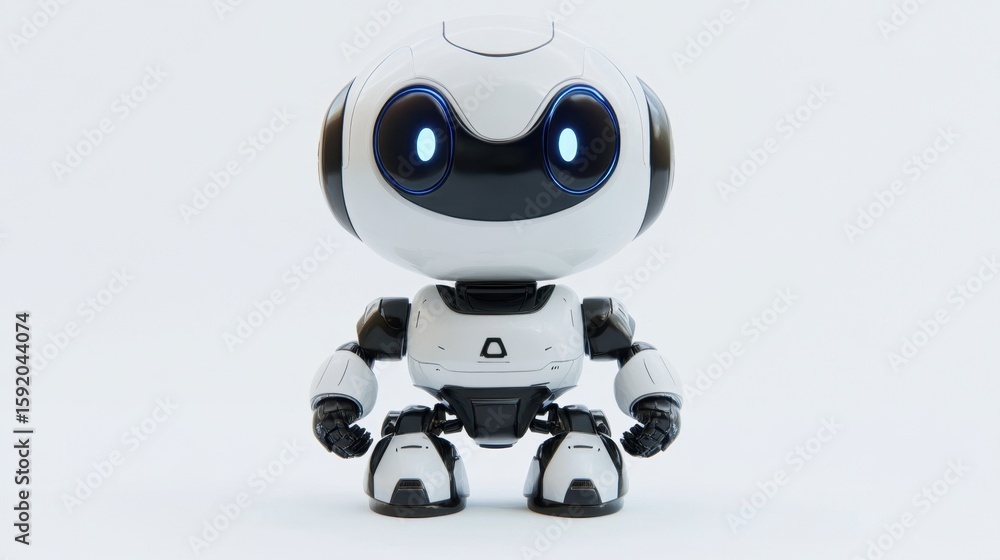 Poster this charming cartoon robot character features a friendly design with large expressive eyes and a jo