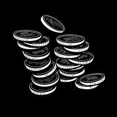 White Outlined Coins on Dark Background, Generative AI Illustration